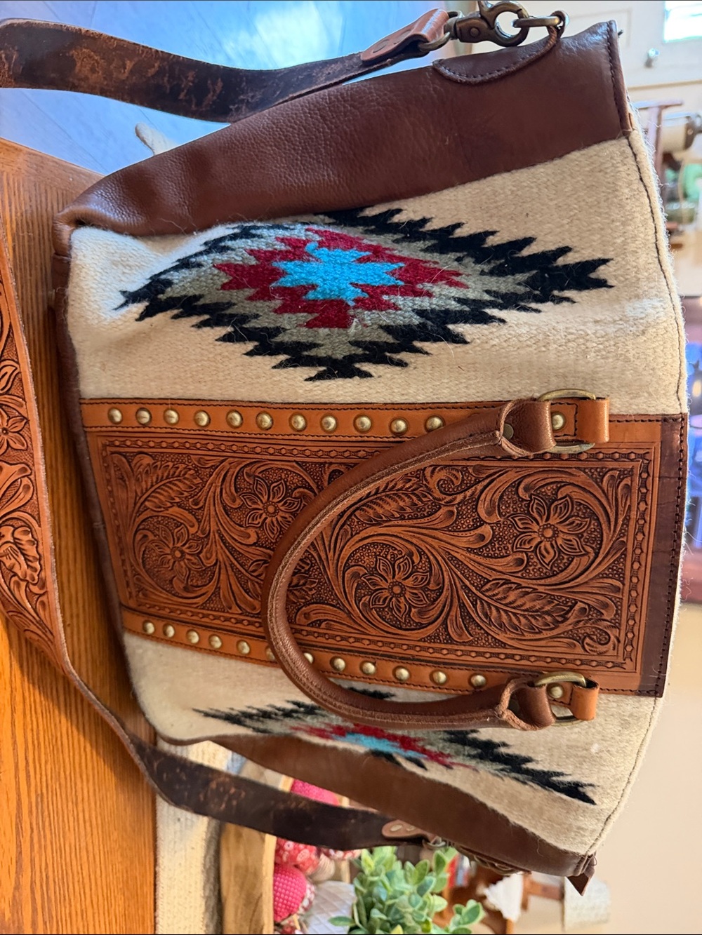 Handcrafted Western Leather and Wool Tote Bag in Brown and Cream